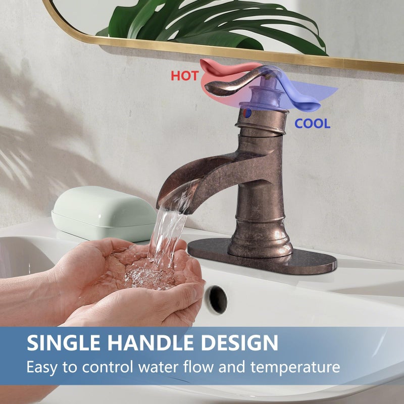 Homevacious Bathroom Faucet Copper Waterfall Bathroom Sink Faucets with Single Handle Rustic Vanity Farmhouse RV Faucet Suitable for 1 or 3 Holes with Pop-up Drain Deck Plate Hose - Image 5